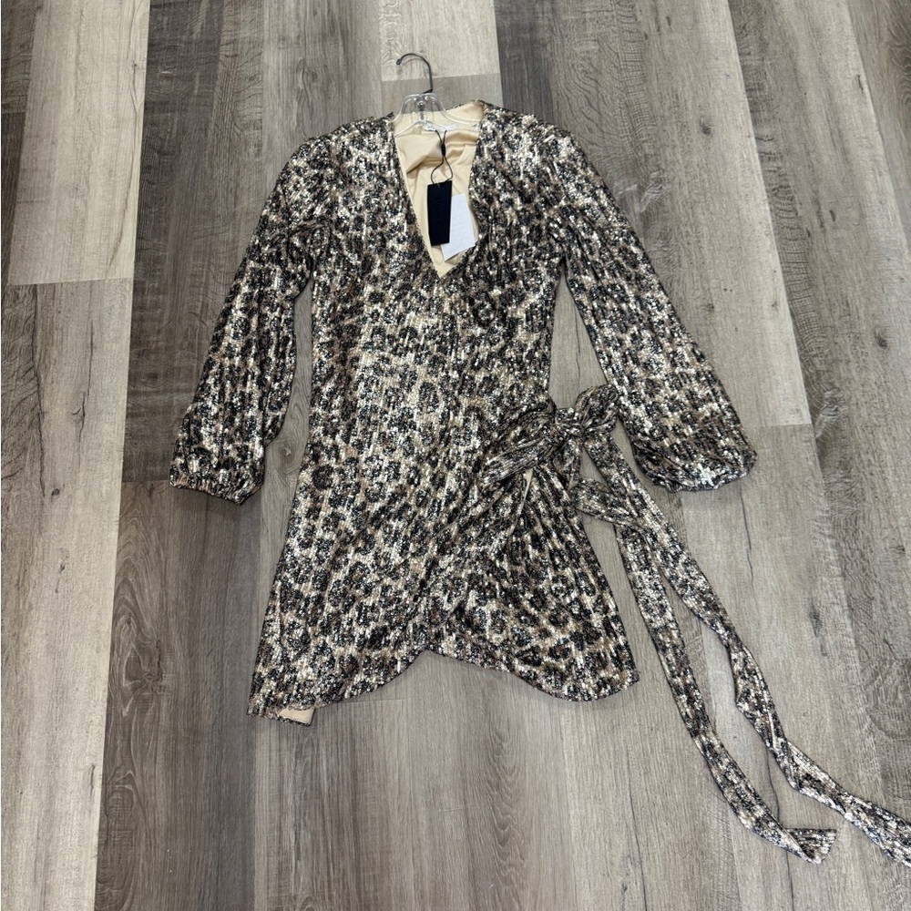 🍁Gianni Bini Brown Sequin Wrap Dress Long Sleeve V-Neck - Picture 4 of 5